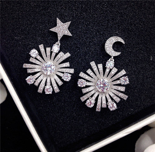 S925 Silver Star and Moon Stud Earrings, Fashionable